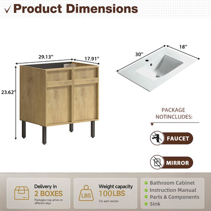 30 Inch Oak Bathroom Vanity with Grooved Panels & Sink