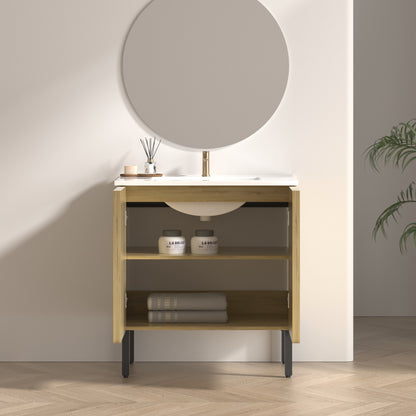30 Inch Oak Bathroom Vanity with Grooved Panels & Sink