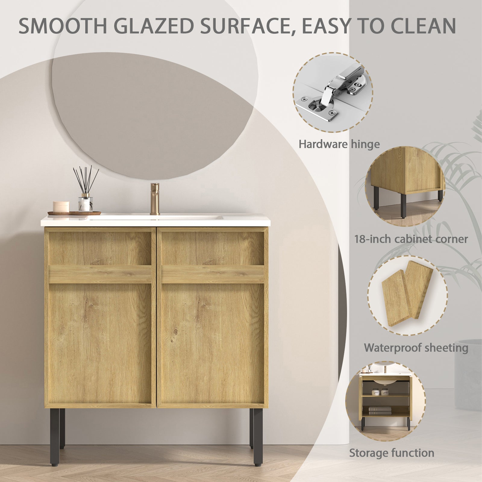 30 Inch Oak Bathroom Vanity with Grooved Panels & Sink