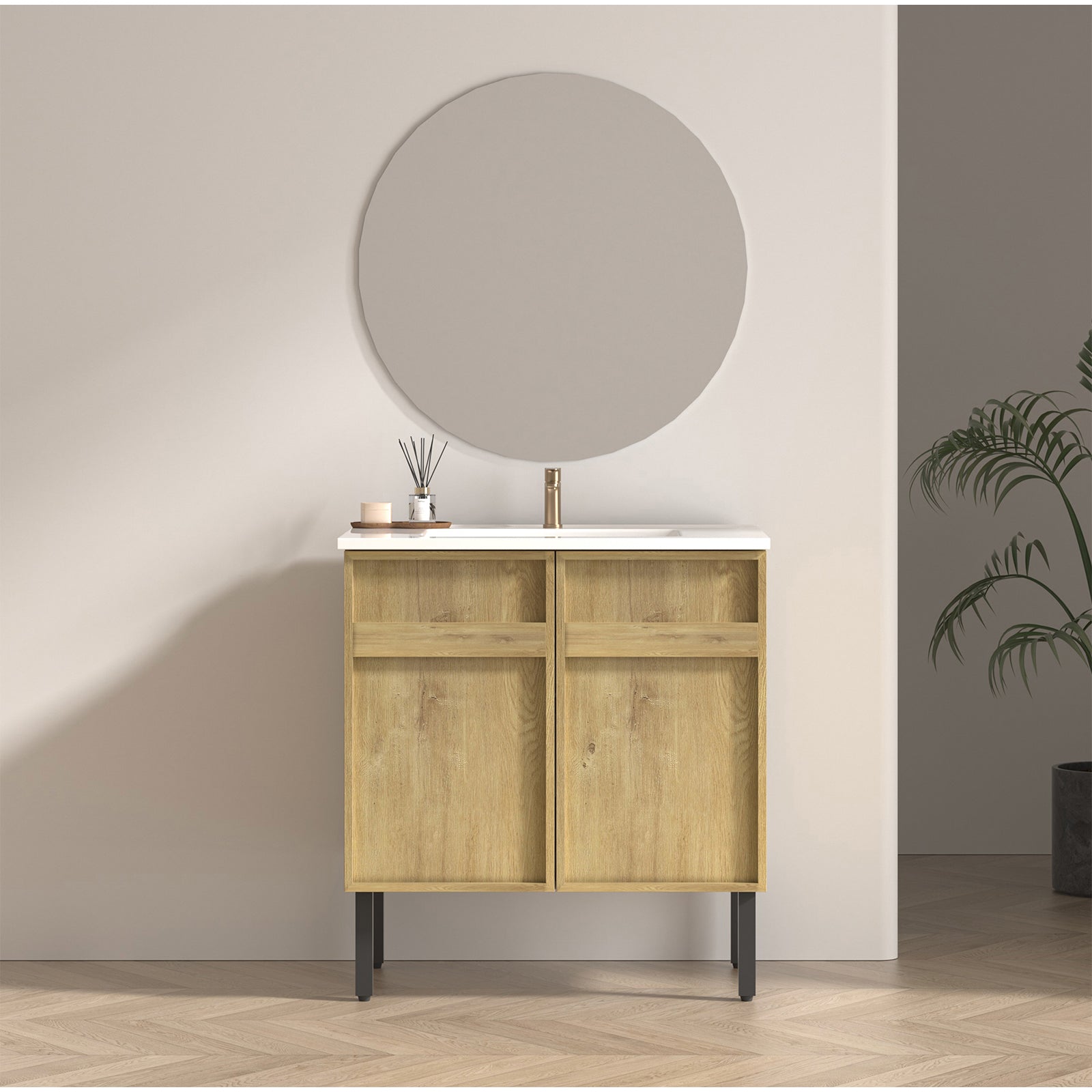 30inch floor-standing bathroom vanity with 3D grooved panel and integrated ceramic sink