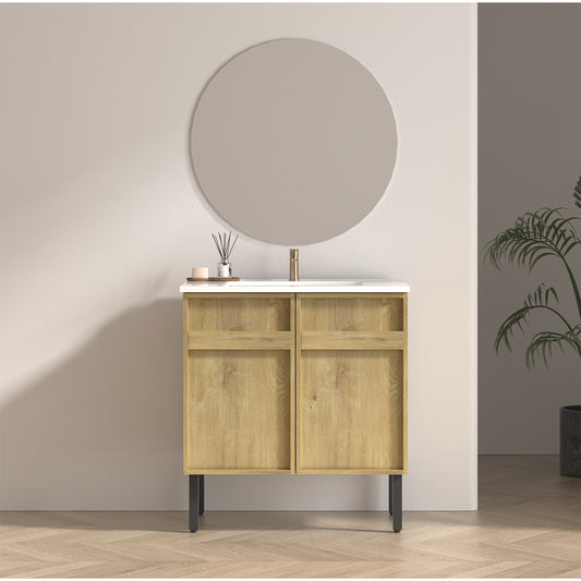 30inch floor-standing bathroom vanity with 3D grooved panel and integrated ceramic sink