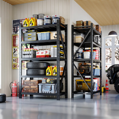 Five-tier lightweight metal adjustable garage shelving unit, suitable for warehouses and homes, 46.5 inches wide x 19.6 inches deep x 76.8 inches high, black.