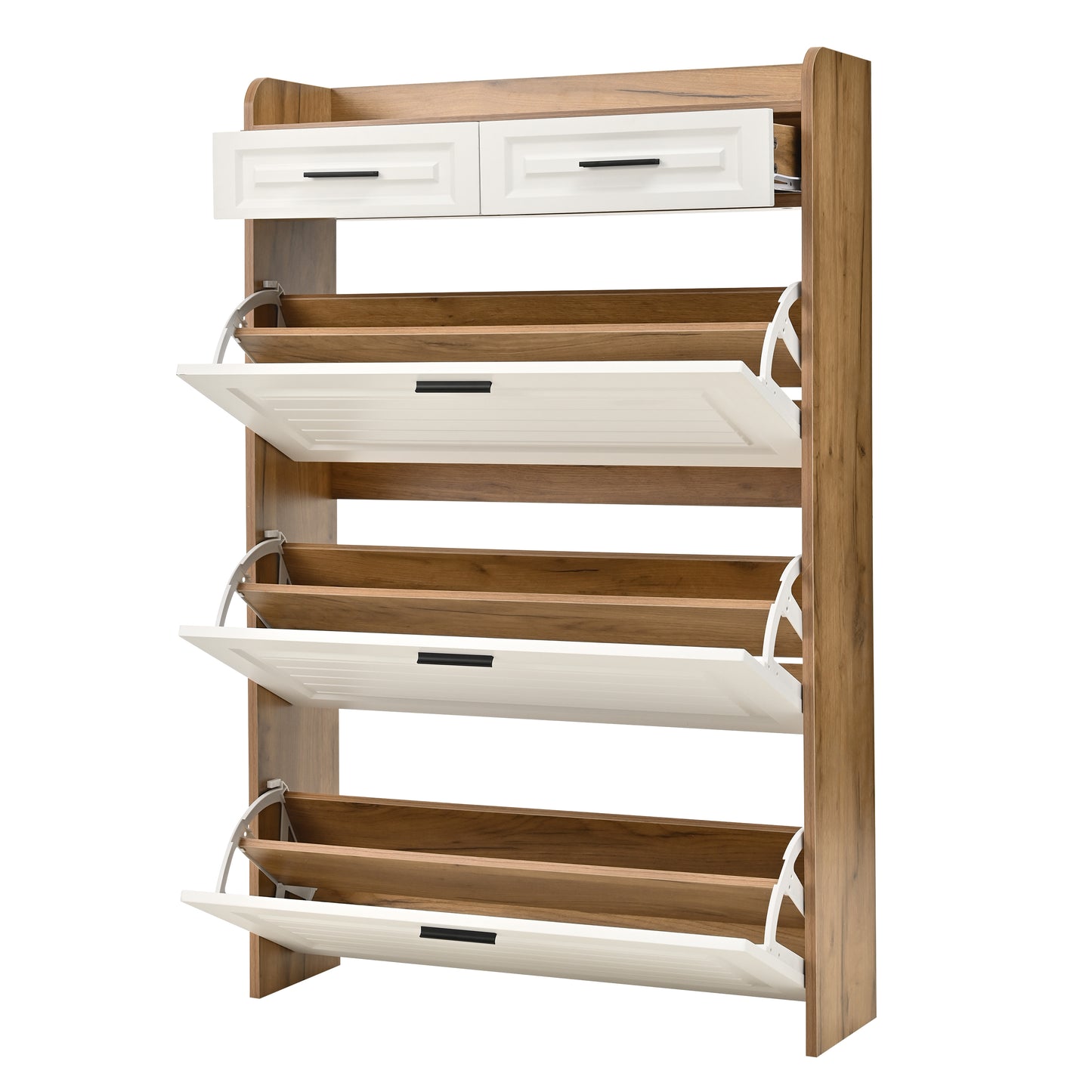 White+Walnut Shoe Cabinet - 3 Flip Drawers, Freestanding Organizer