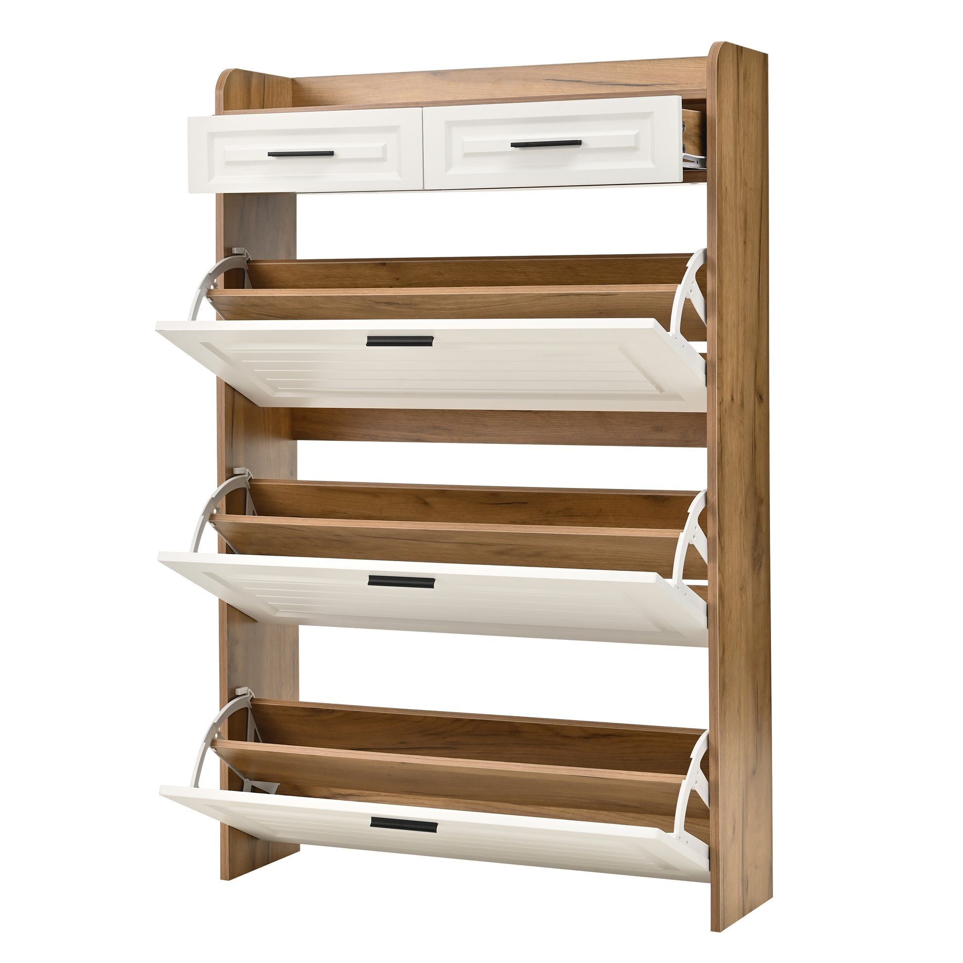 White+Walnut Shoe Cabinet - 3 Flip Drawers, Freestanding Organizer