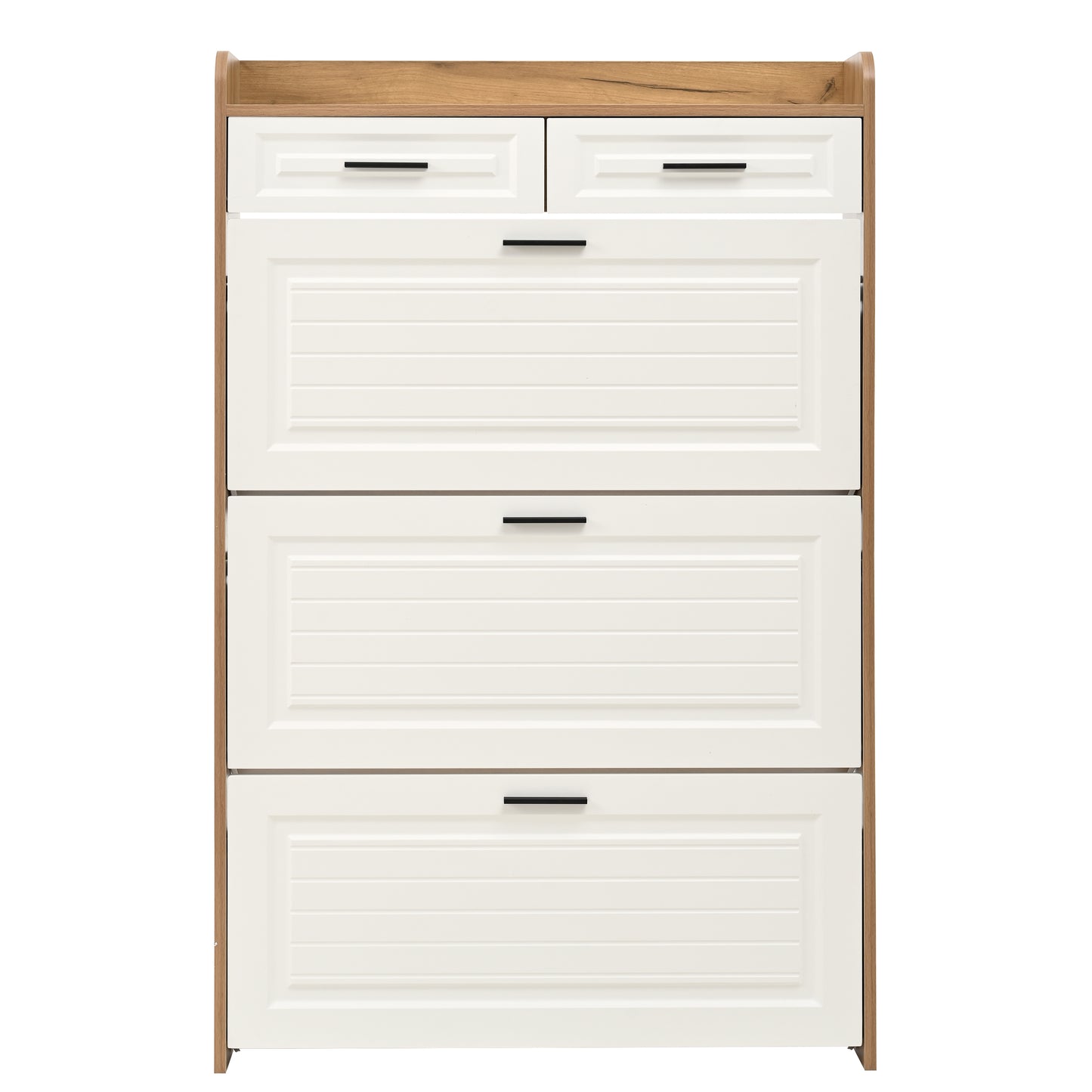 White+Walnut Shoe Cabinet - 3 Flip Drawers, Freestanding Organizer