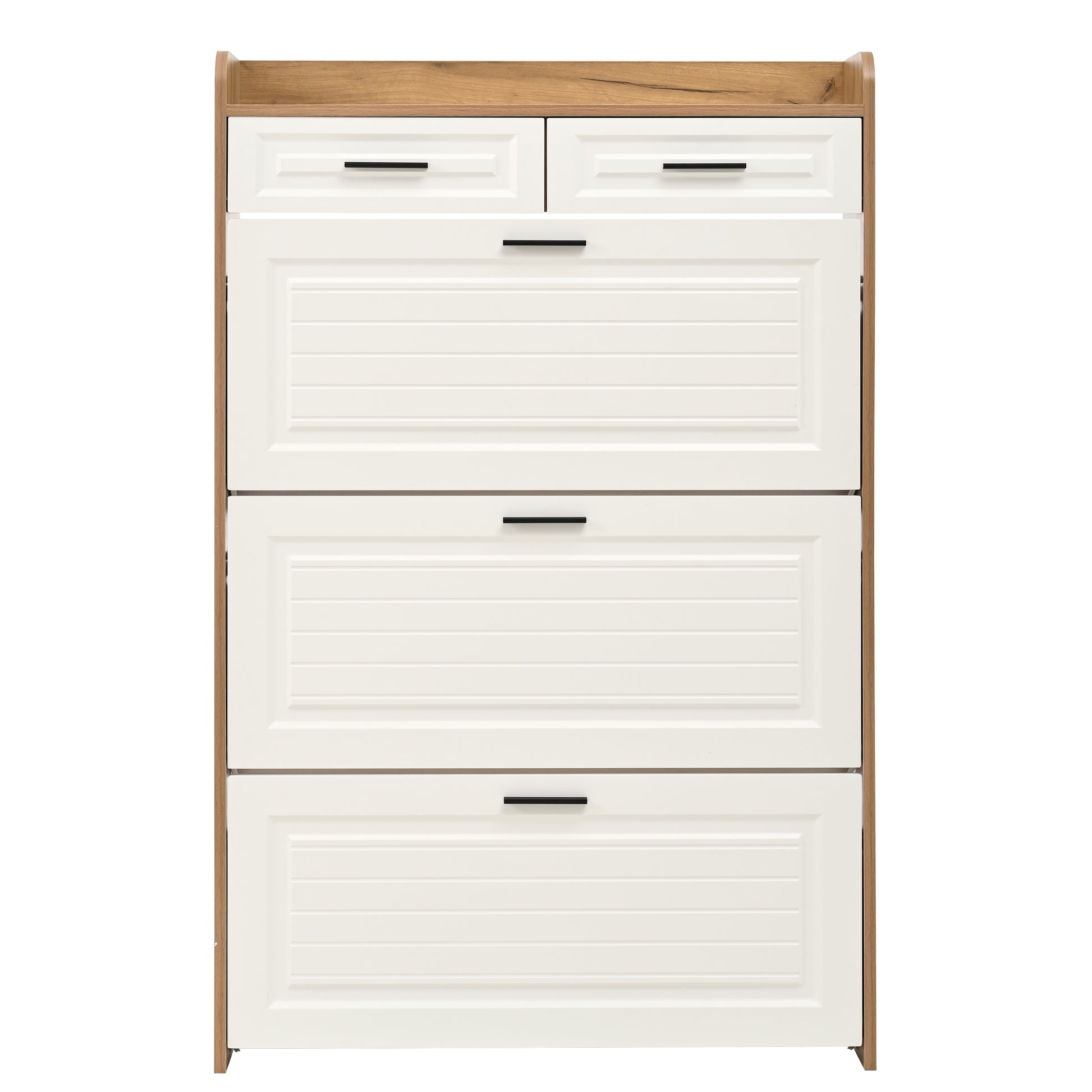 White+Walnut Shoe Cabinet - 3 Flip Drawers, Freestanding Organizer