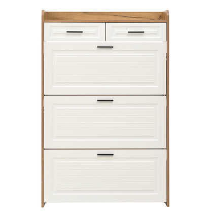 White+Walnut Shoe Cabinet - 3 Flip Drawers, Freestanding Organizer