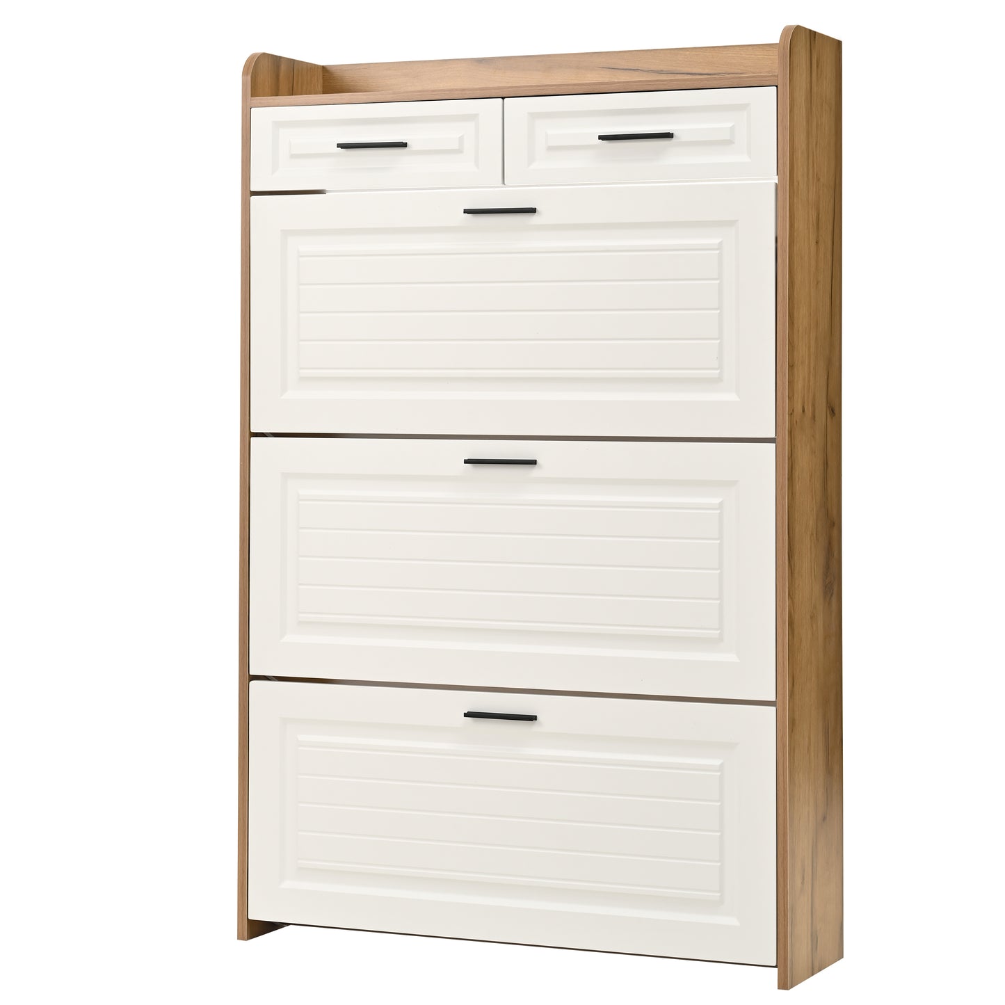 White+Walnut Shoe Cabinet - 3 Flip Drawers, Freestanding Organizer