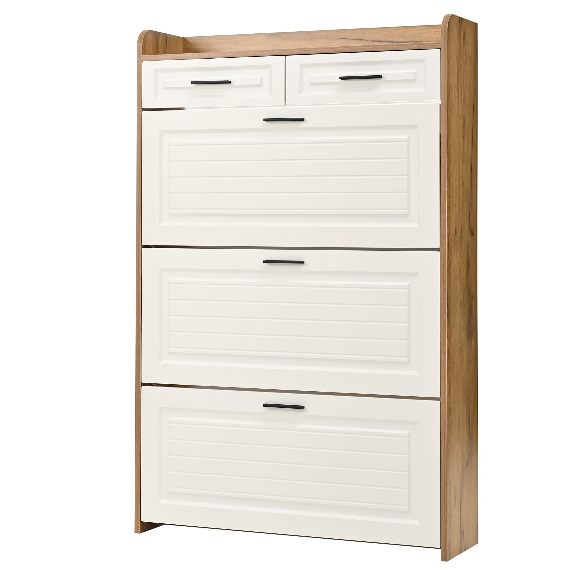 White+Walnut Shoe Cabinet - 3 Flip Drawers, Freestanding Organizer