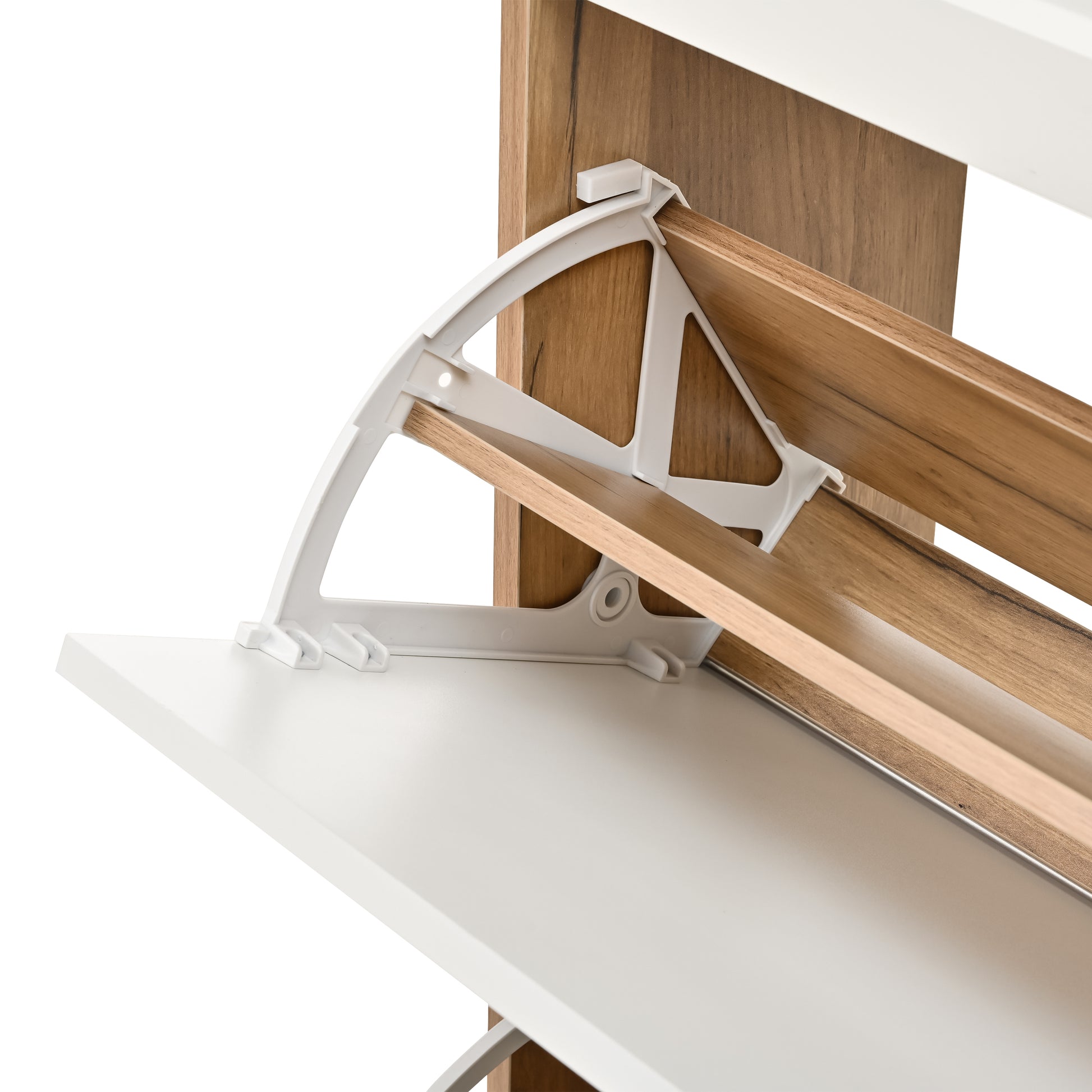 White+Walnut Shoe Cabinet - 3 Flip Drawers, Freestanding Organizer