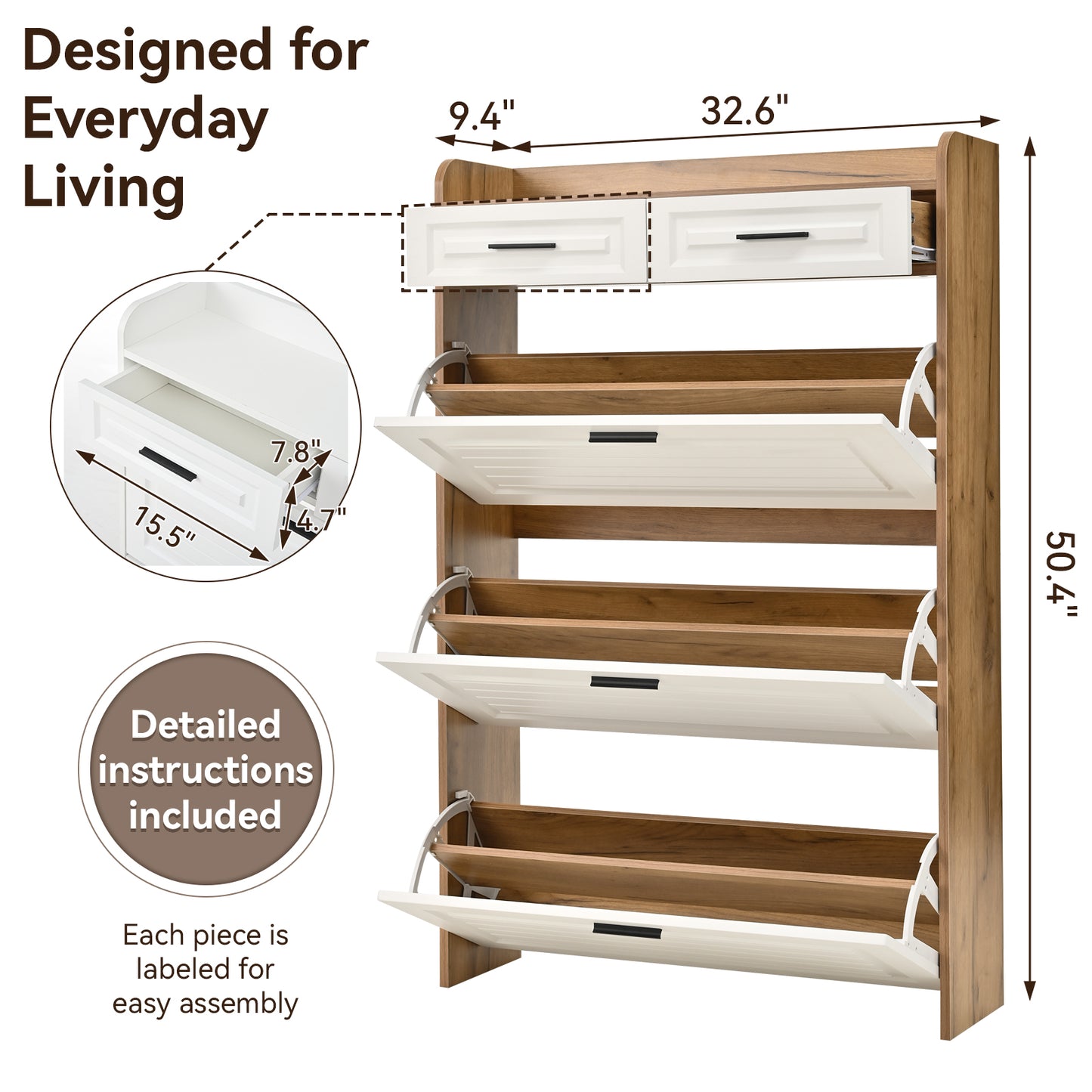 White+Walnut Shoe Cabinet - 3 Flip Drawers, Freestanding Organizer