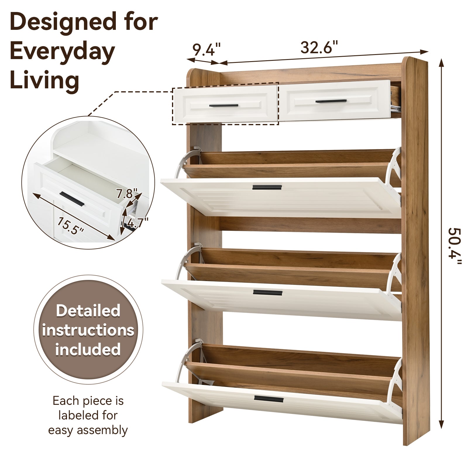 White+Walnut Shoe Cabinet - 3 Flip Drawers, Freestanding Organizer