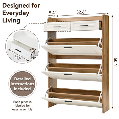 White+Walnut Shoe Cabinet - 3 Flip Drawers, Freestanding Organizer