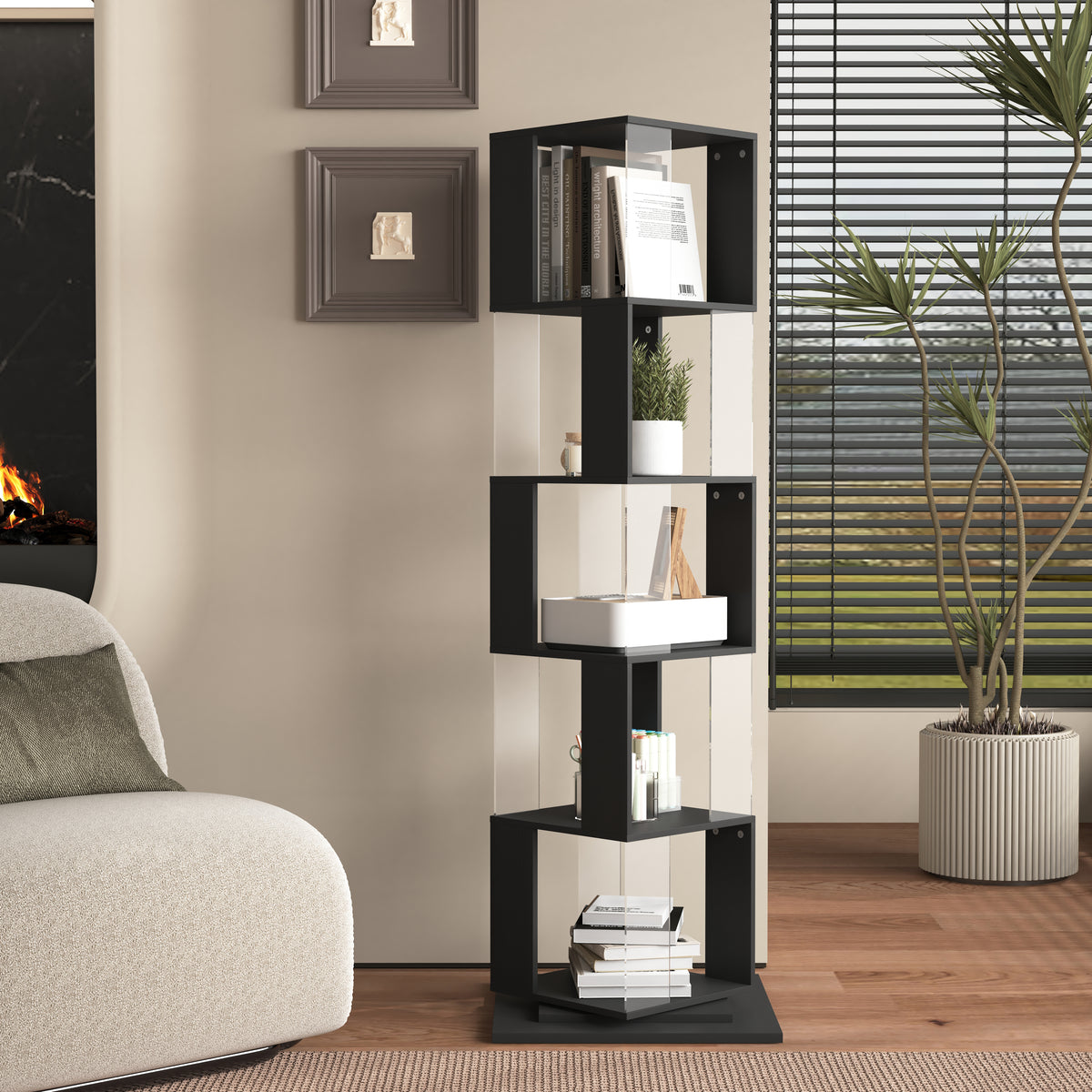 360° Rotating Black Particle Board Display Shelf for Living Room Storage