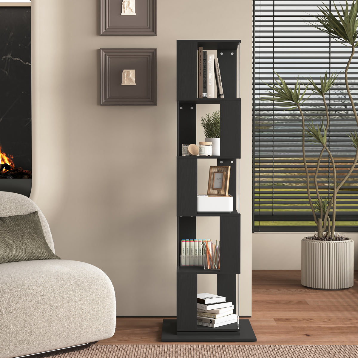 360° Rotating Black Particle Board Display Shelf for Living Room Storage