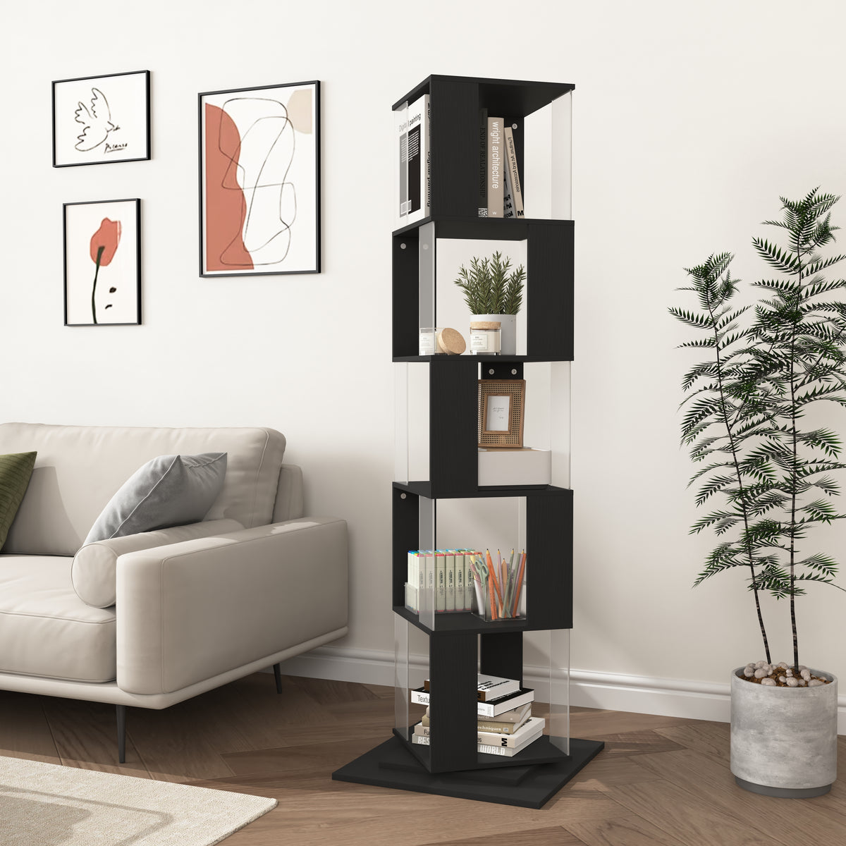 360° Rotating Black Particle Board Display Shelf for Living Room Storage