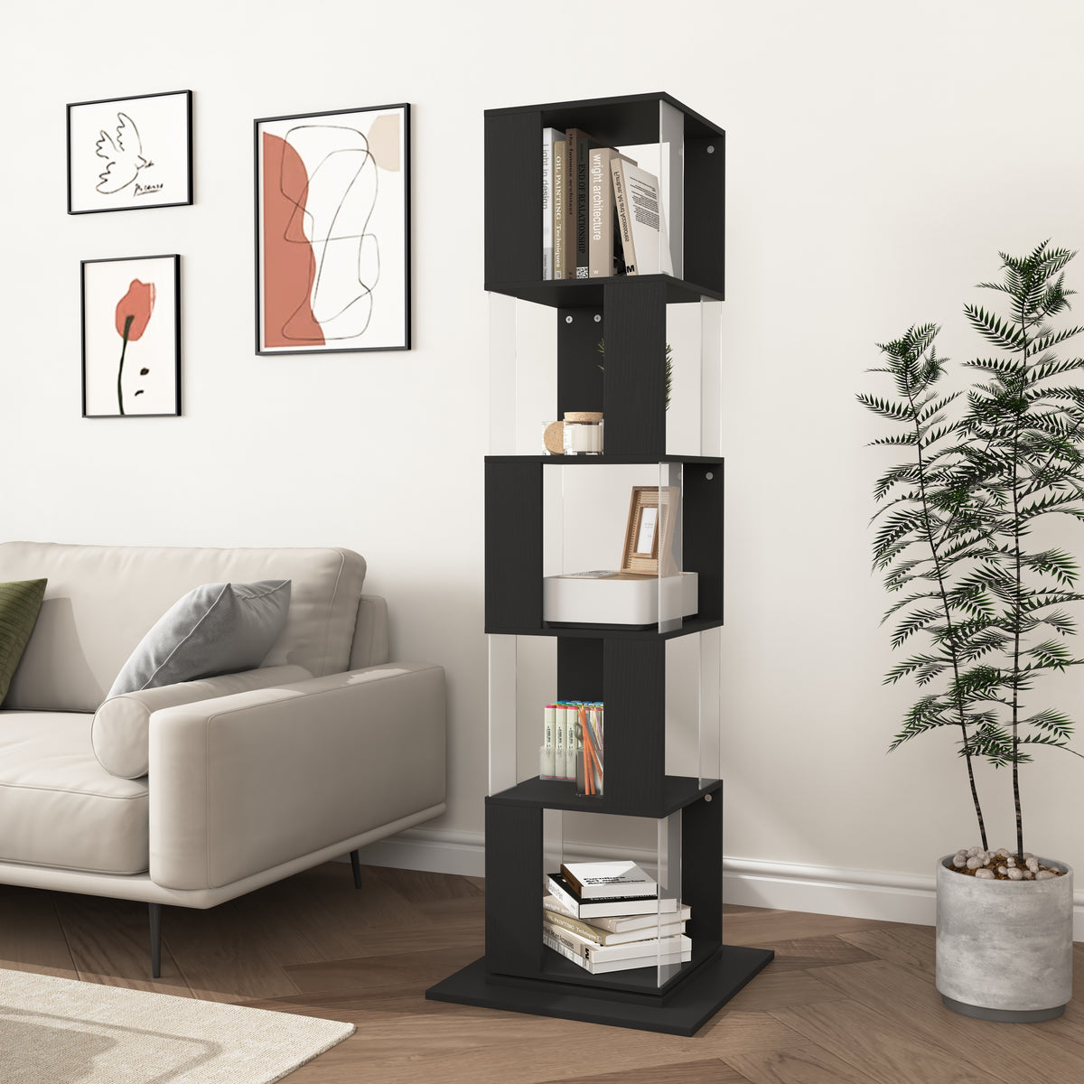 360° Rotating Black Particle Board Display Shelf for Living Room Storage