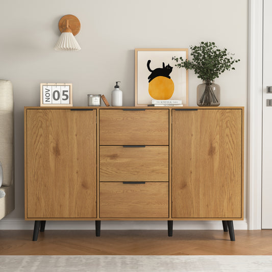 Sideboard Buffet Cabinet with Storage, Wood Coffee Bar Cabinet, 47.2" Kitchen Cabinet with 3 Drawers & 2 Doors, Kitchen Buffet Cabinet Cupboard Natural Wood Color
