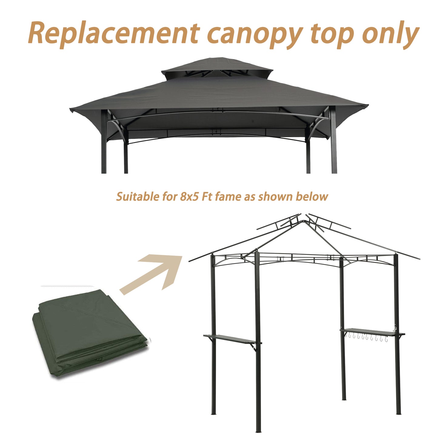 8x5Ft Grill Gazebo Replacement Canopy - Gray Fabric