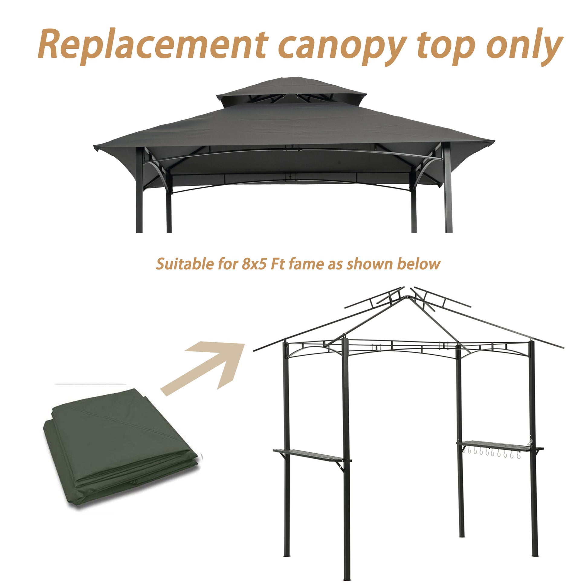 8x5Ft Grill Gazebo Replacement Canopy - Gray Fabric
