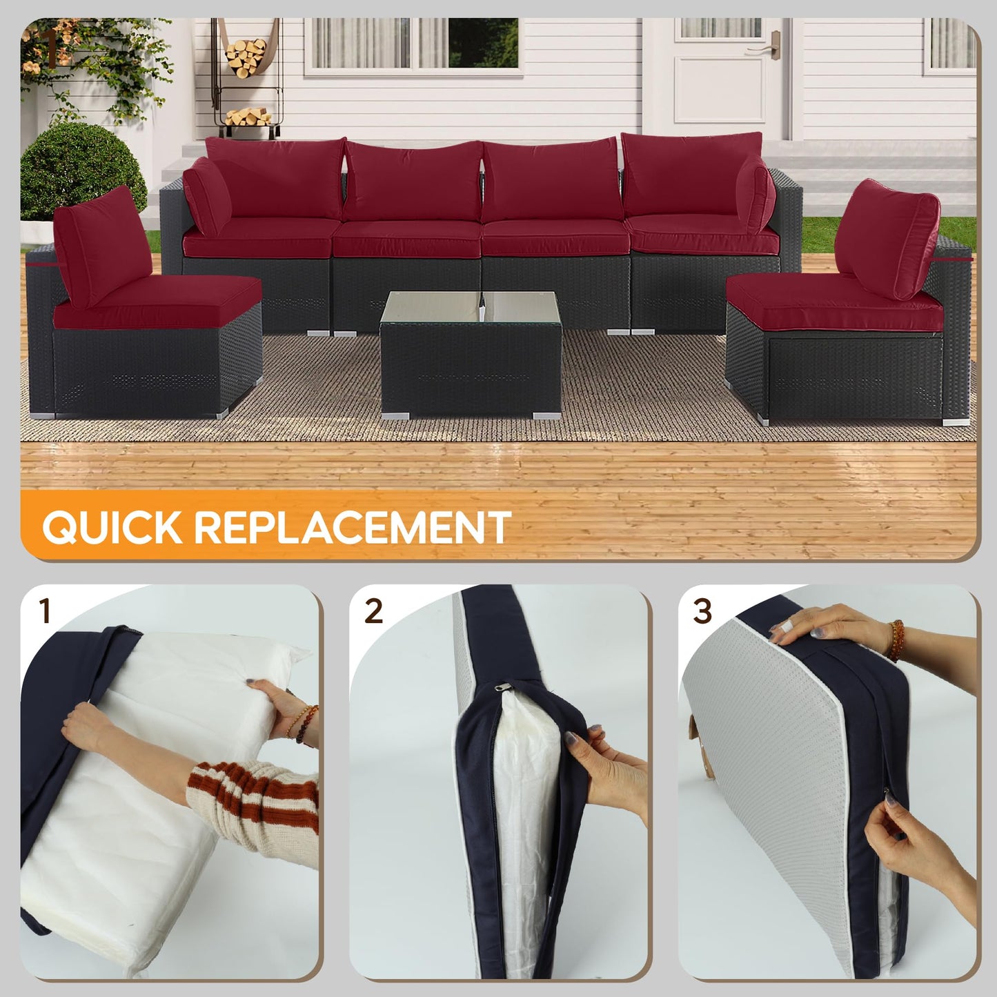 Red Polyester Outdoor Cushion Covers 14 Piece Set for Wicker Rattan Sofa