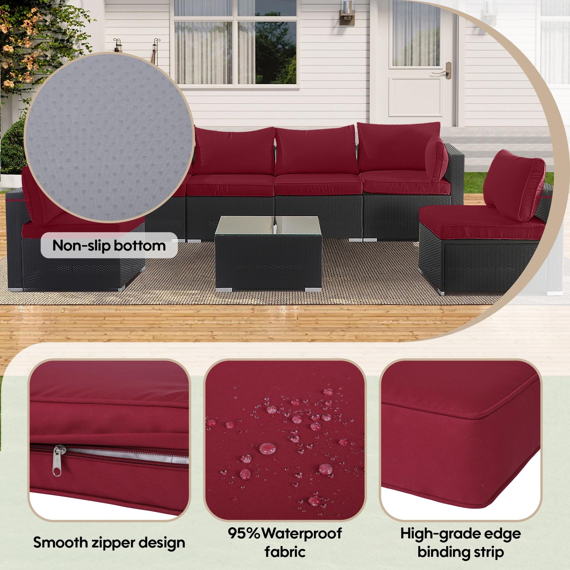 Red Polyester Outdoor Cushion Covers 14 Piece Set for Wicker Rattan Sofa