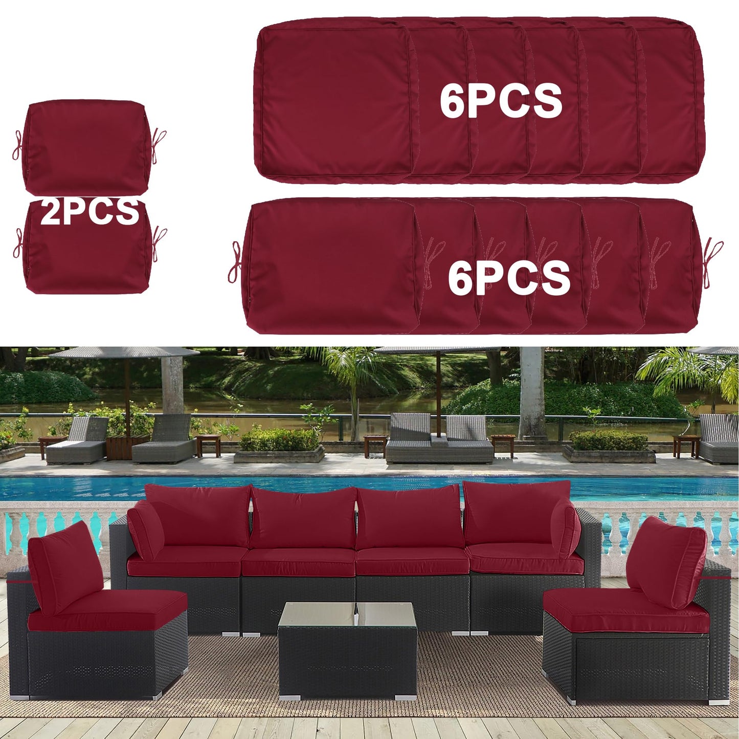 Red Polyester Outdoor Cushion Covers 14 Piece Set for Wicker Rattan Sofa