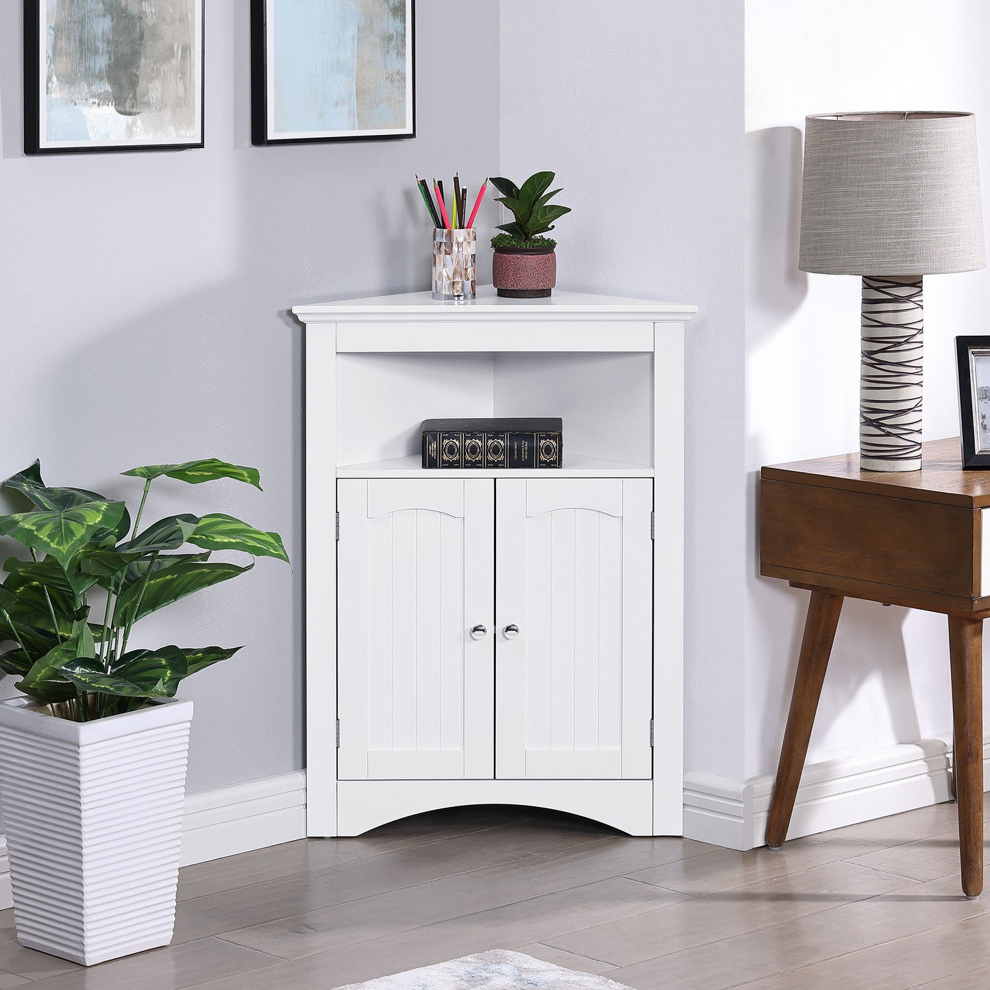White MDF Corner Cabinet - 24" x 12" x 32" Storage for Living Room