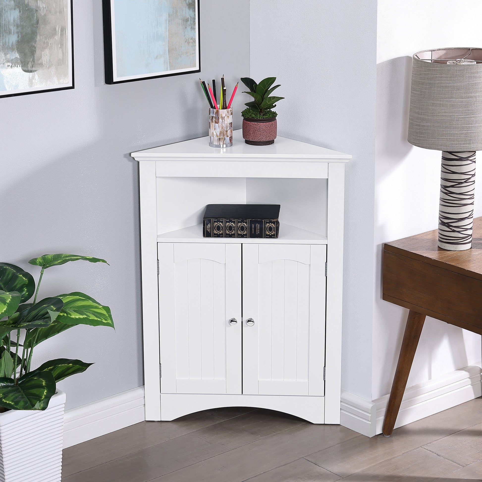 White MDF Corner Cabinet - 24" x 12" x 32" Storage for Living Room