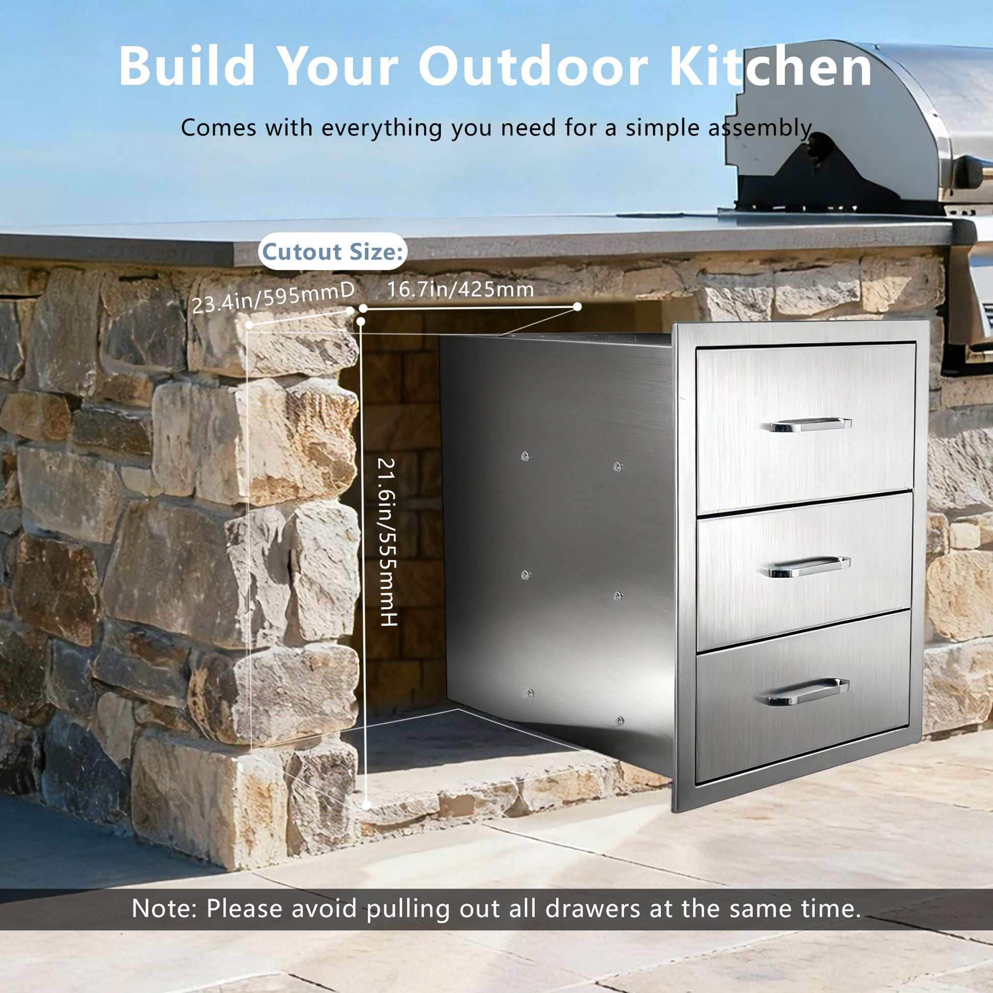Steel Gray Outdoor Kitchen Cabinet - 3 Drawers, Weather Resistant Storage