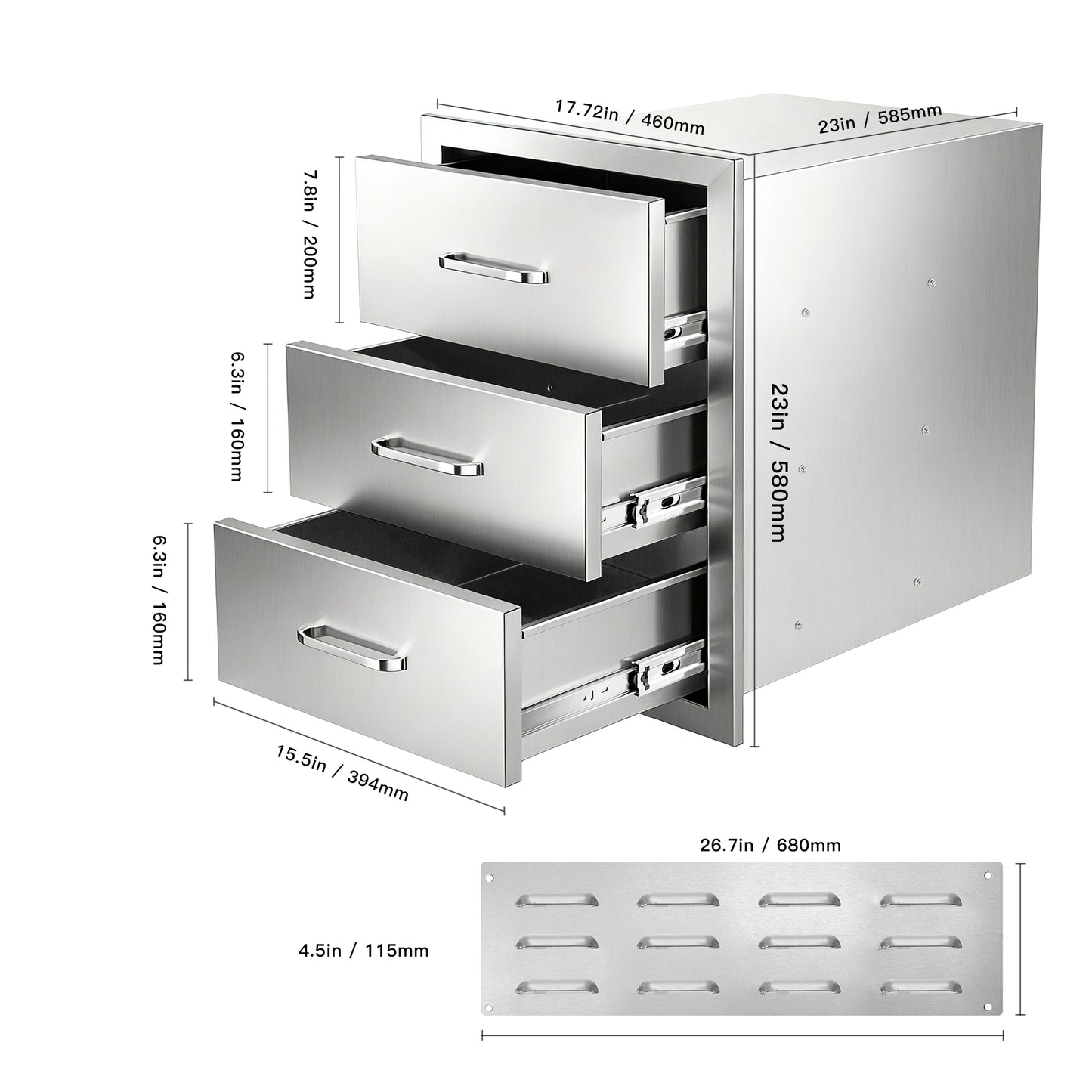 Steel Gray Outdoor Kitchen Cabinet - 3 Drawers, Weather Resistant Storage
