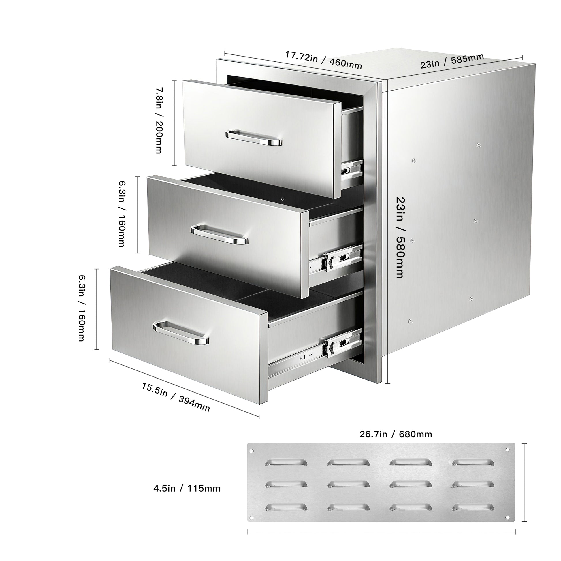 Steel Gray Outdoor Kitchen Cabinet - 3 Drawers, Weather Resistant Storage