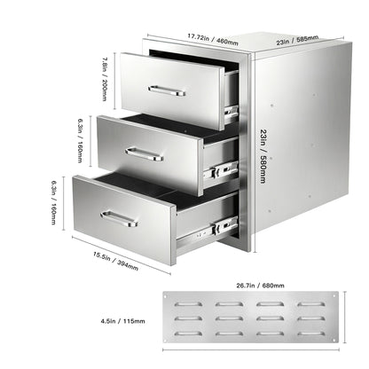 Steel Gray Outdoor Kitchen Cabinet - 3 Drawers, Weather Resistant Storage