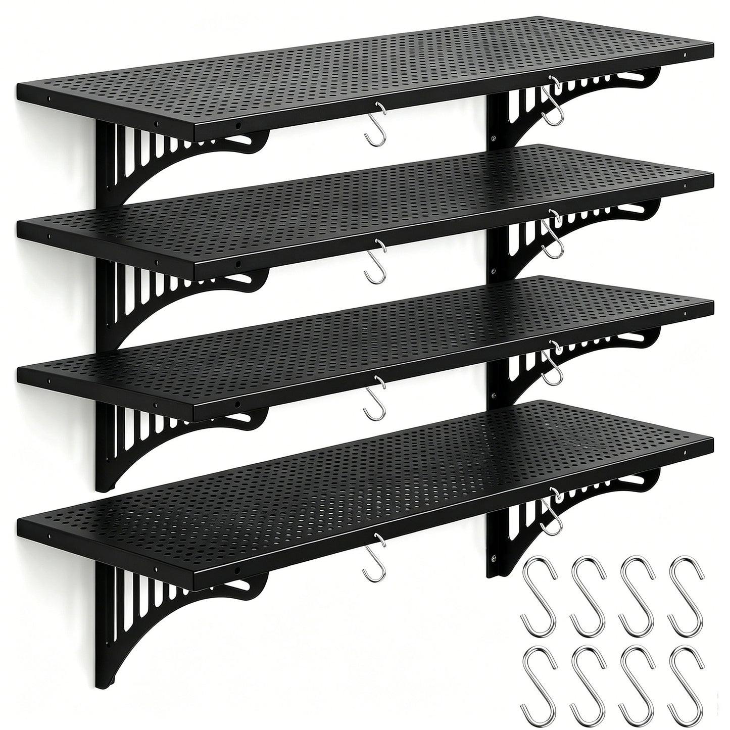 4 Pack Garage Wall Shelving Heavy Duty - 1.4 x 4 Foot Wall Mounted Storage Shelves with Built-in Hooks, Floating Shelves for Garage Organization, Tool Storage Rack, Black Metal Shelving