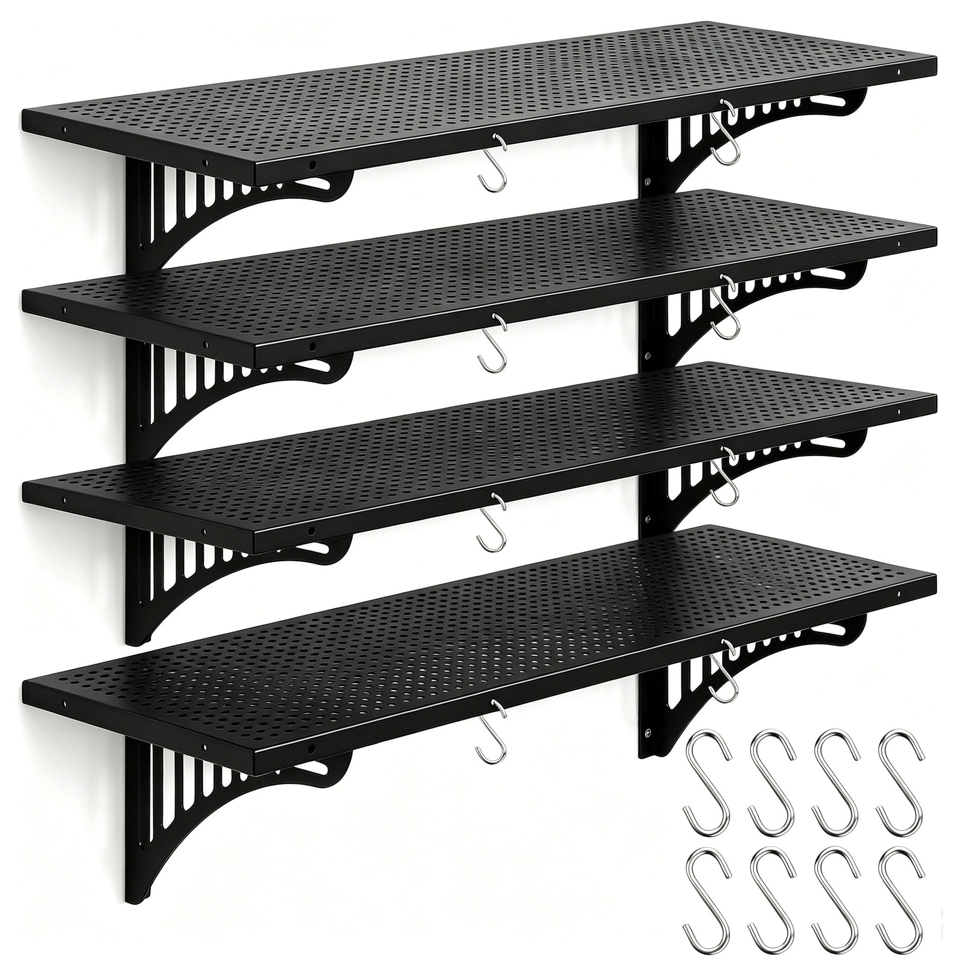 4 Pack Garage Wall Shelving Heavy Duty - 1.4 x 4 Foot Wall Mounted Storage Shelves with Built-in Hooks, Floating Shelves for Garage Organization, Tool Storage Rack, Black Metal Shelving