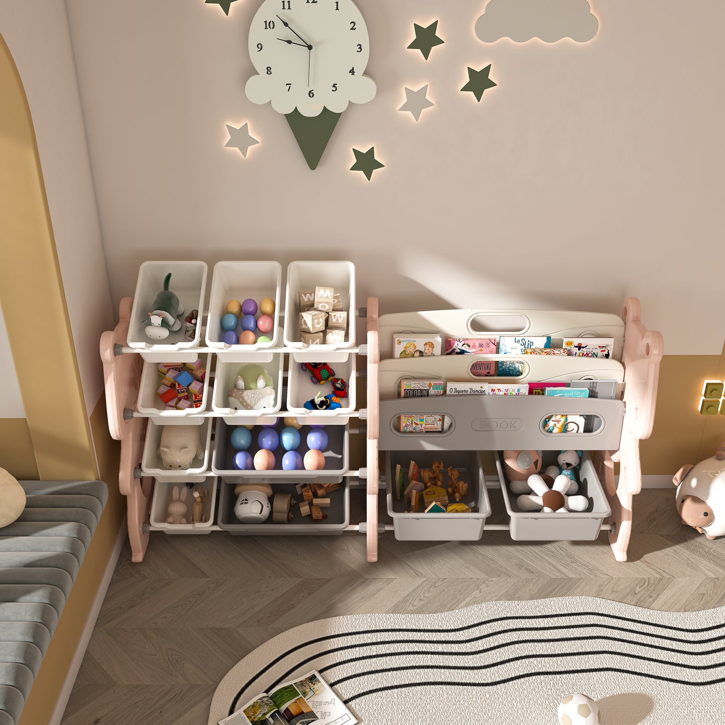 Living Room Pink Kids Toy Storage Organizer with Shelves - 2 Tier Bookshelf & Bins