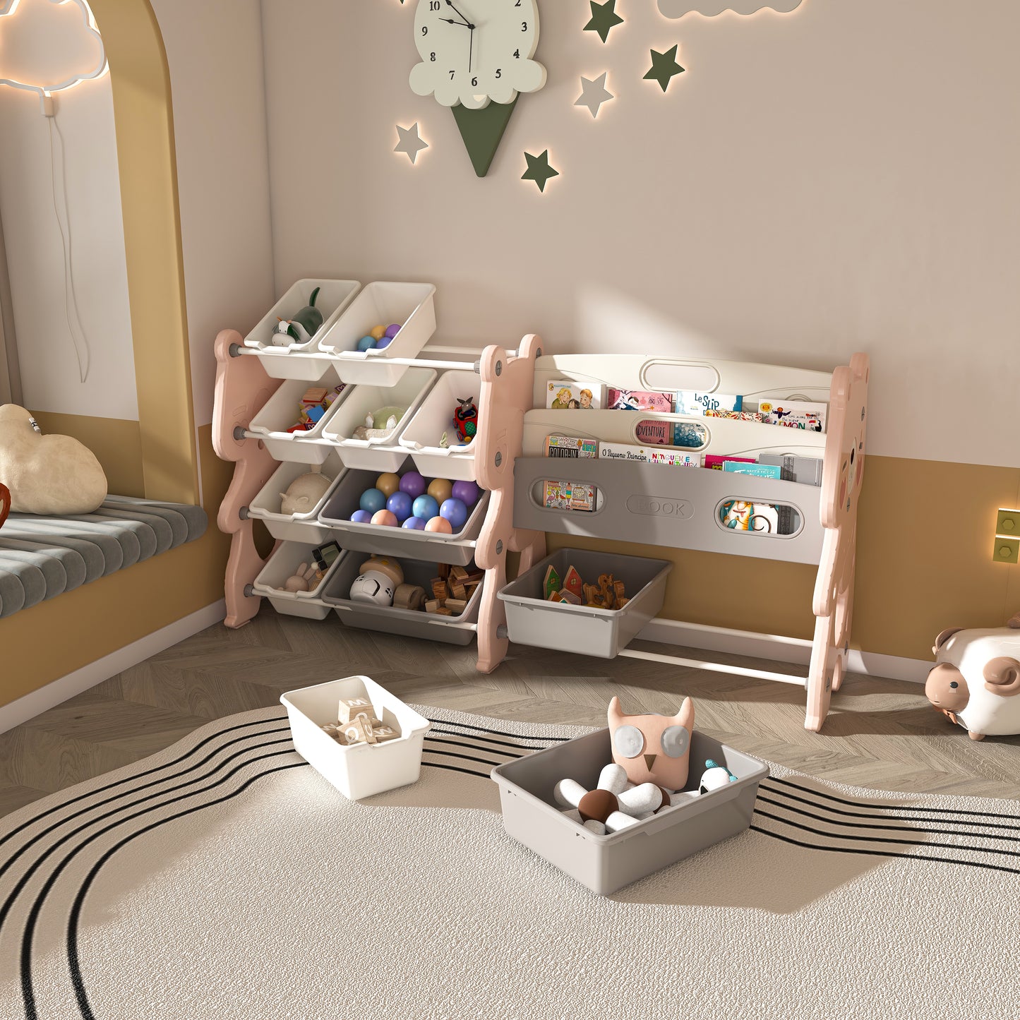 Living Room Pink Kids Toy Storage Organizer with Shelves - 2 Tier Bookshelf & Bins