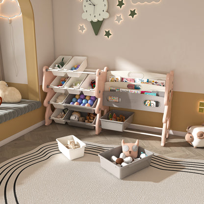 Living Room Pink Kids Toy Storage Organizer with Shelves - 2 Tier Bookshelf & Bins