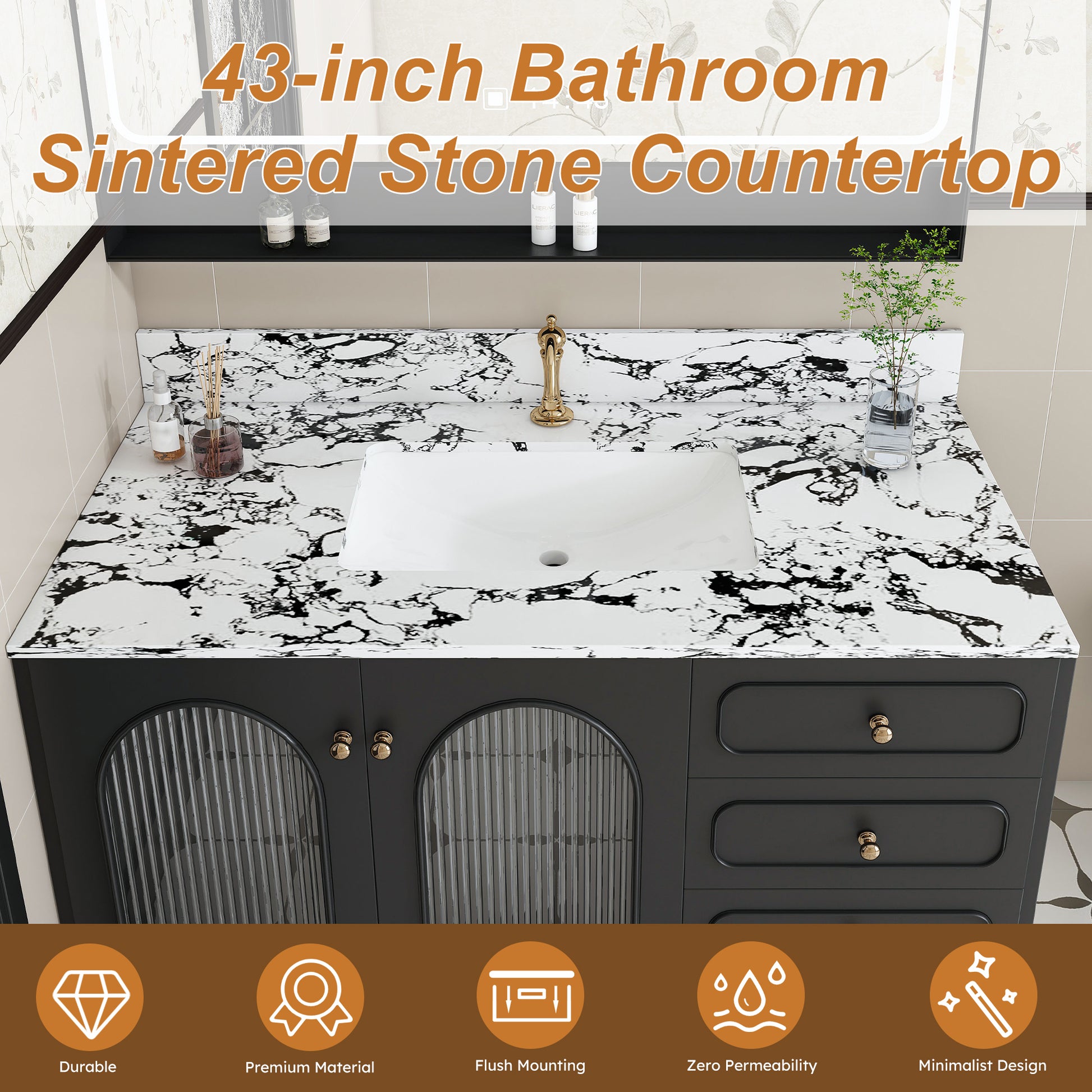 43 Inch White Sintered Stone Bathroom Vanity Top with Undermount Sink