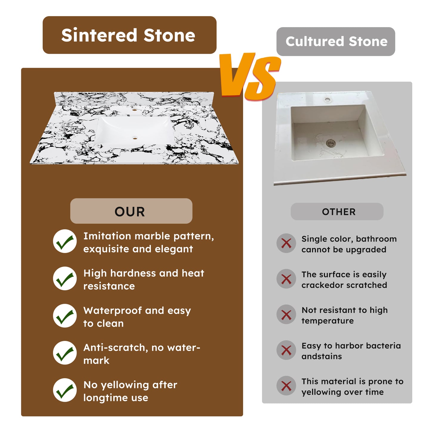 43 Inch White Sintered Stone Bathroom Vanity Top with Undermount Sink
