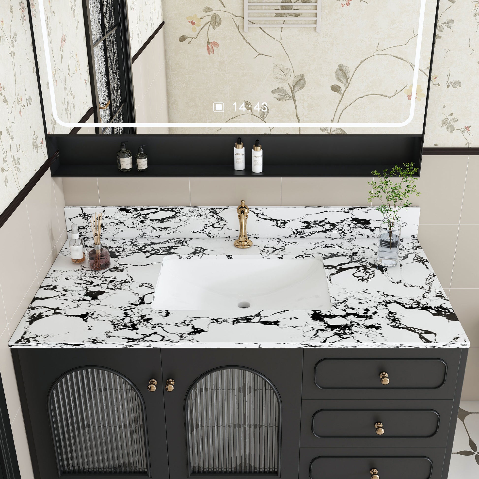43"x22" Bathroom Vanity Top, with Undermount Ceramic Sink and Backsplash, artificial marble Bathroom Vanity Top with 1 Pre-Drilled Hole, New Carrara white and black( only Bathroom Vanity Top )