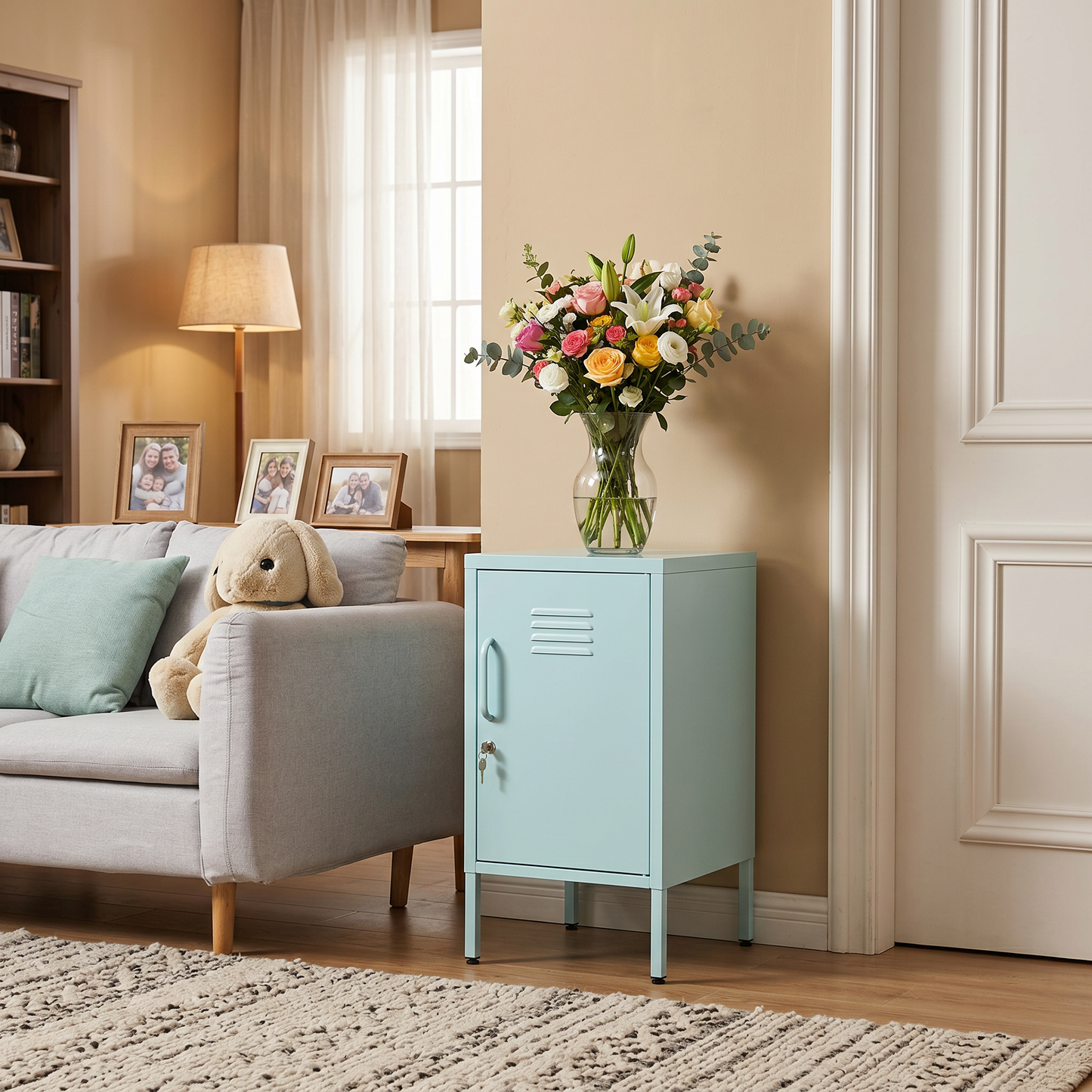 Blue Steel Storage Cabinet - 27.17" Tall, Adjustable Shelves for Living Room