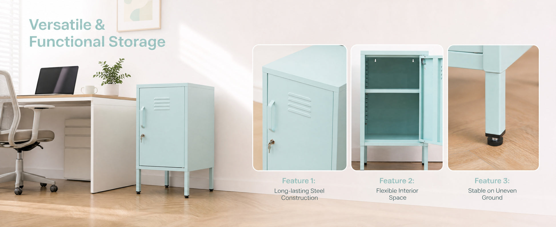 Blue Steel Storage Cabinet - 27.17" Tall, Adjustable Shelves for Living Room