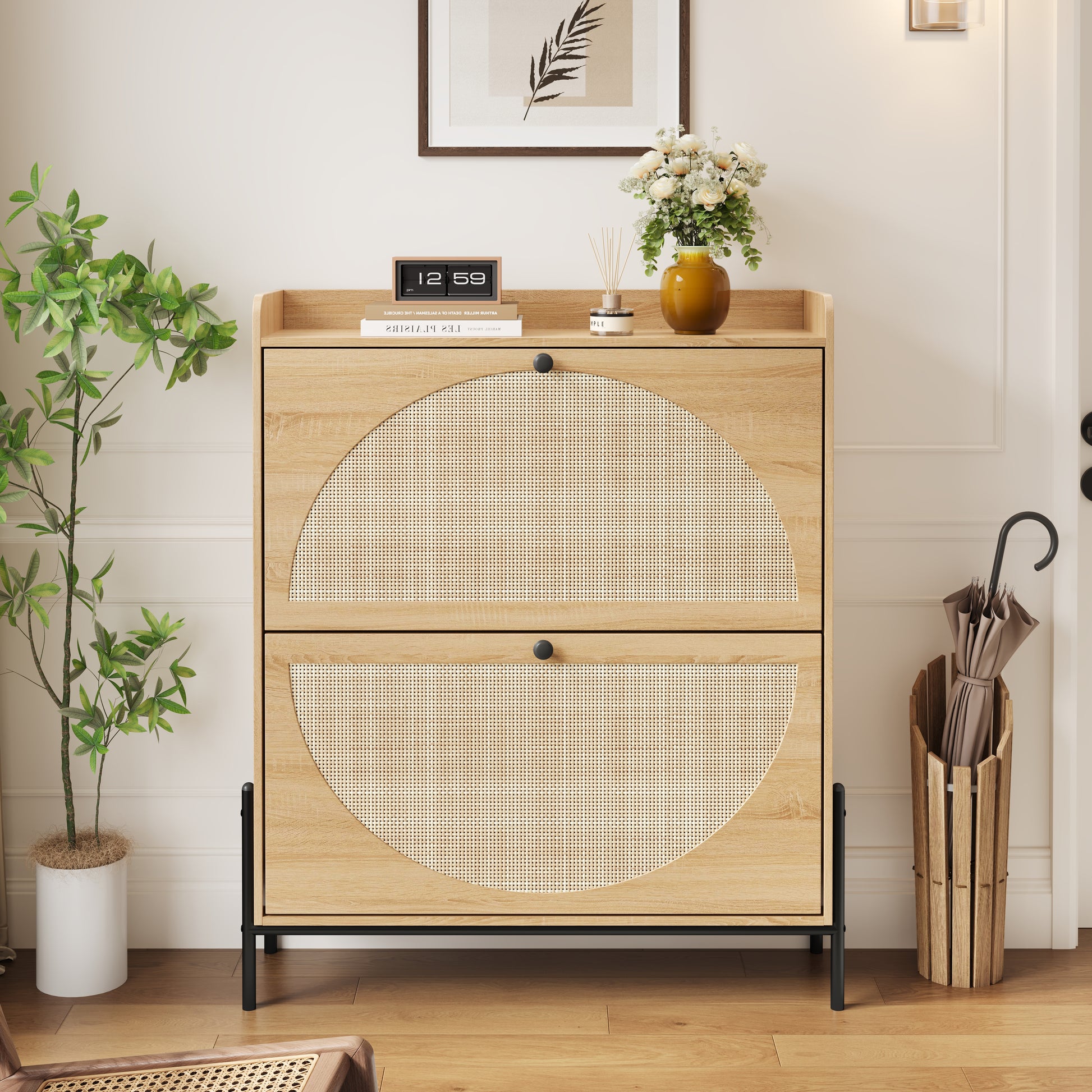 2-Drawer Wooden Shoe Cabinet with Rattan Doors / Narrow Freestanding Storage Organizer for Entryway,Walnut