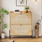 2-Drawer Wooden Shoe Cabinet with Rattan Doors / Narrow Freestanding Storage Organizer for Entryway,Walnut