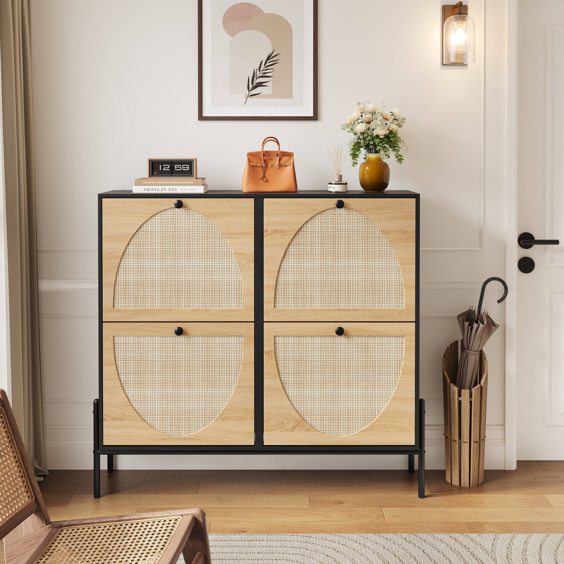 Space-Saving Rattan Shoe Cabinet with 4 Flip-Down Doors – Elegant Narrow Storage for Entryways & Hallways