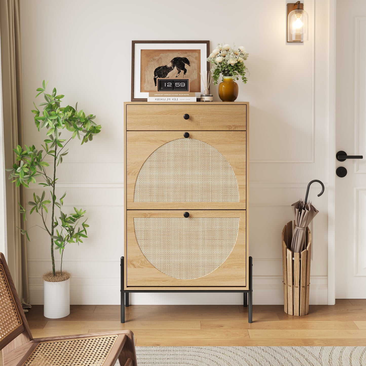 2-Door Shoe Storage Cabinet with Rattan Fronts & Drawer / Freestanding Entryway Organizer with Adjustable Shelf, WOOD