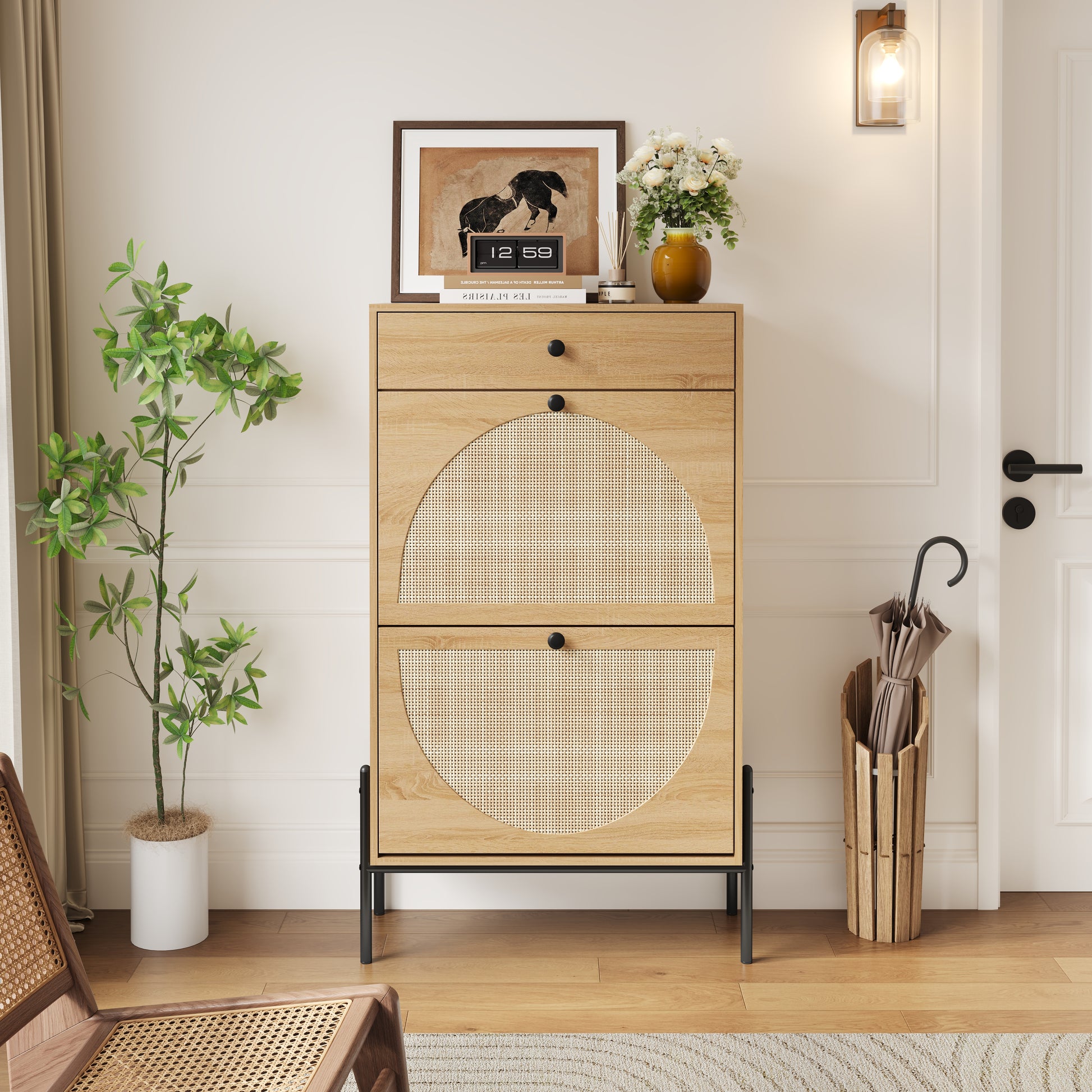 2-Door Shoe Storage Cabinet with Rattan Fronts & Drawer / Freestanding Entryway Organizer with Adjustable Shelf, WOOD