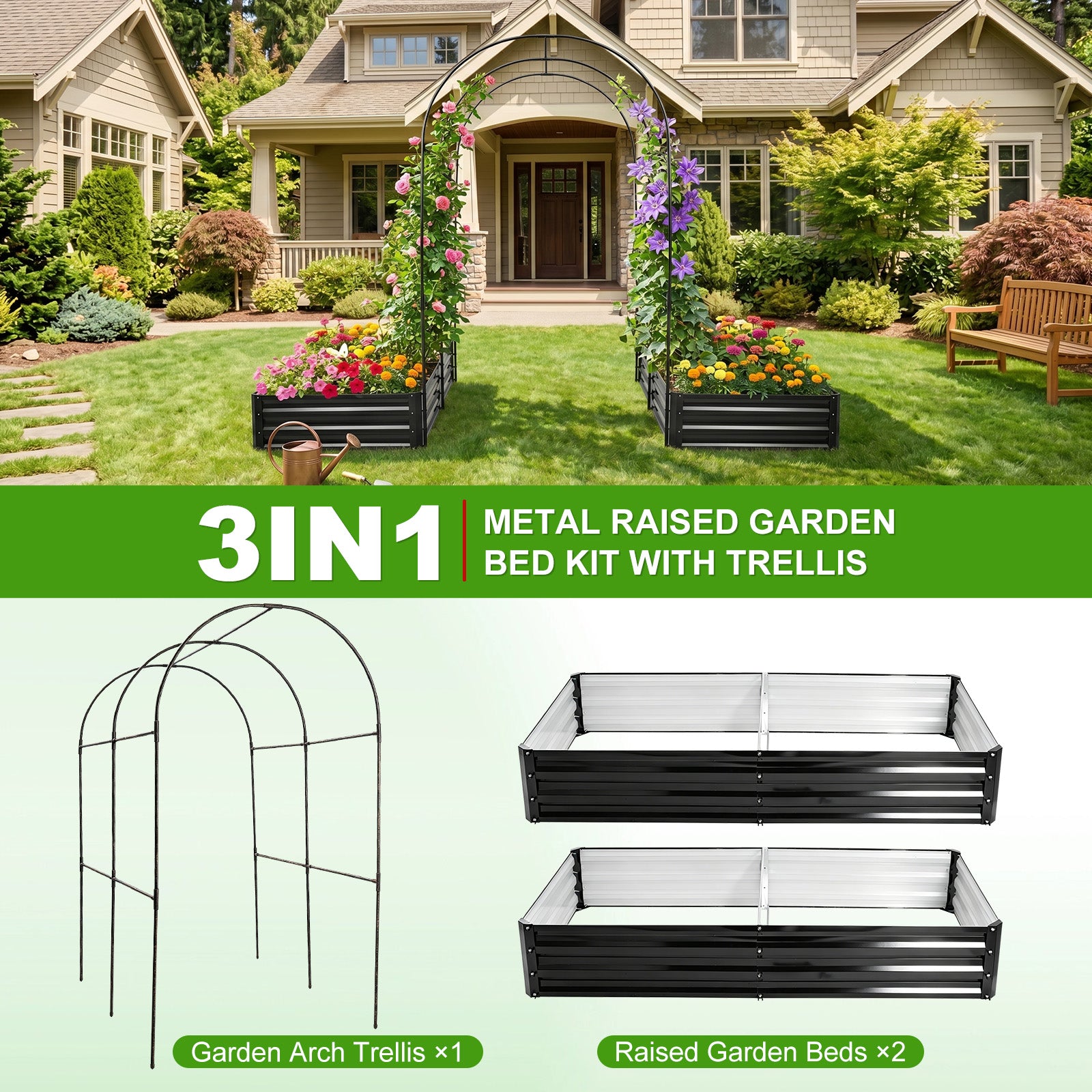 Black Iron Garden Arch Trellis Kit - 2 Raised Beds