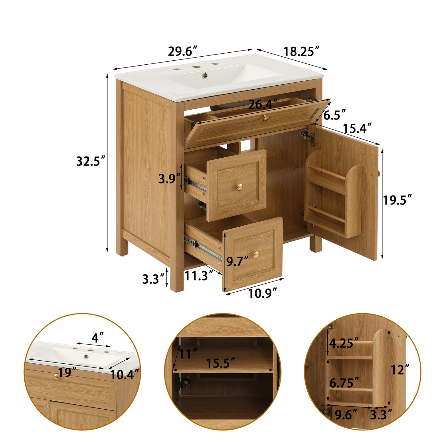 30" Wood Bathroom Vanity with Sink - Freestanding Cabinet Storage
